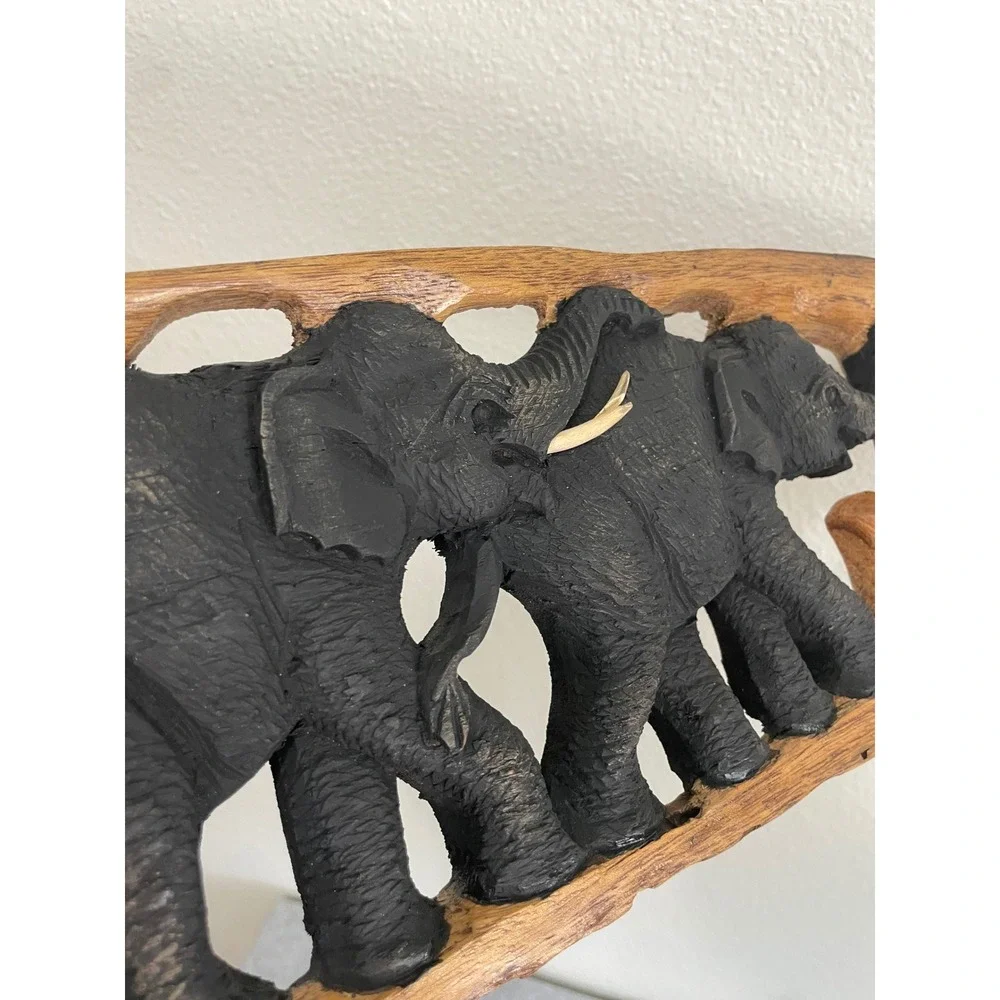 Unbranded Hand Carved Elephant Wood Wall Plaque Brown Black Excellent Relief Art
